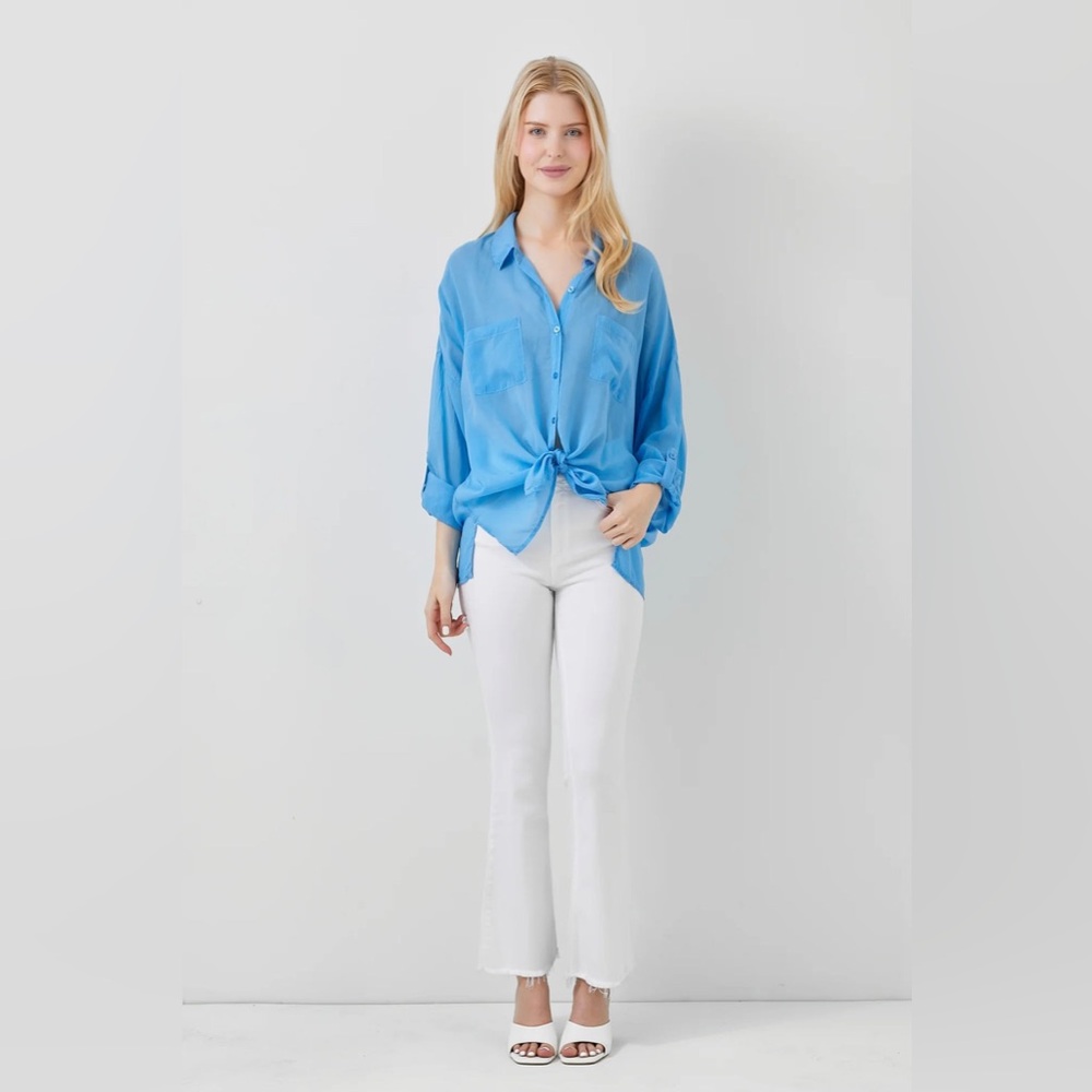 Maven West Cargo Pocket Cupro Tie Front Top in Santorini Blue, size 2